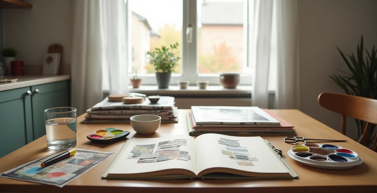 Compacte werkruimte met collage materialen en waterverf set op keukentafel