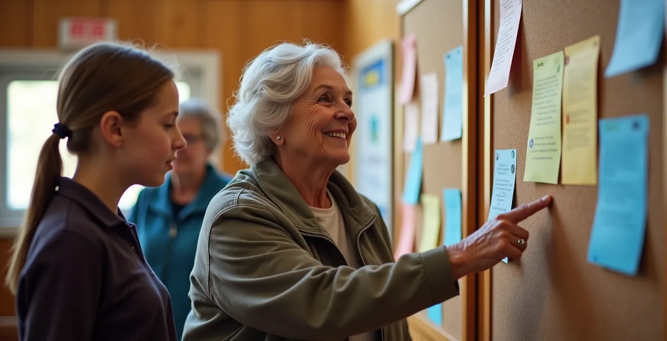 Druk bezocht prikbord in een Vlaams gemeenschapscentrum met kleurrijke aankondigingen
