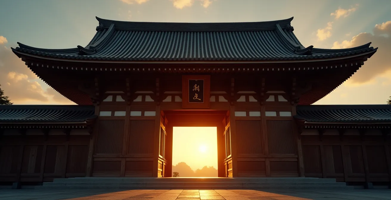 Traditionele boeddhistische tempelpoort met houten balken en dakpannen in Koyasan