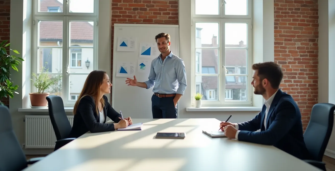 Manager en werknemer in constructief gesprek over werkplanning met grafiek