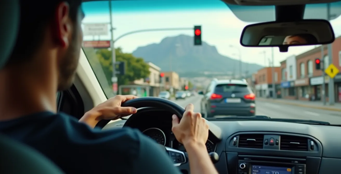 Auto bij verkeerslicht met veilige afstand in Kaapstad