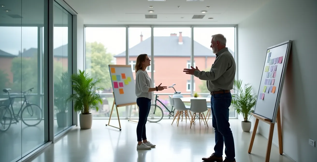 Jonge en oudere collega samenwerking tijdens digitale training sessie