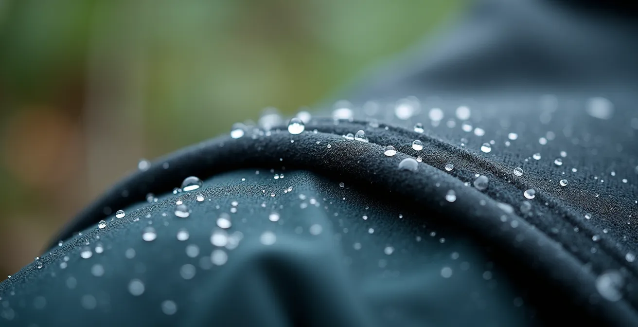 Macrofoto van waterdichte stof met regendruppels en ademende textuur