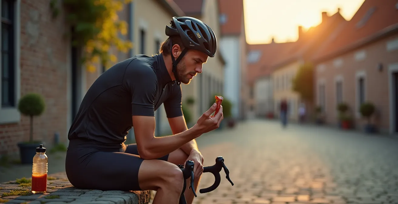 Fietser pauzeert bij typisch Belgisch dorpsplein tijdens cyclo-toertocht
