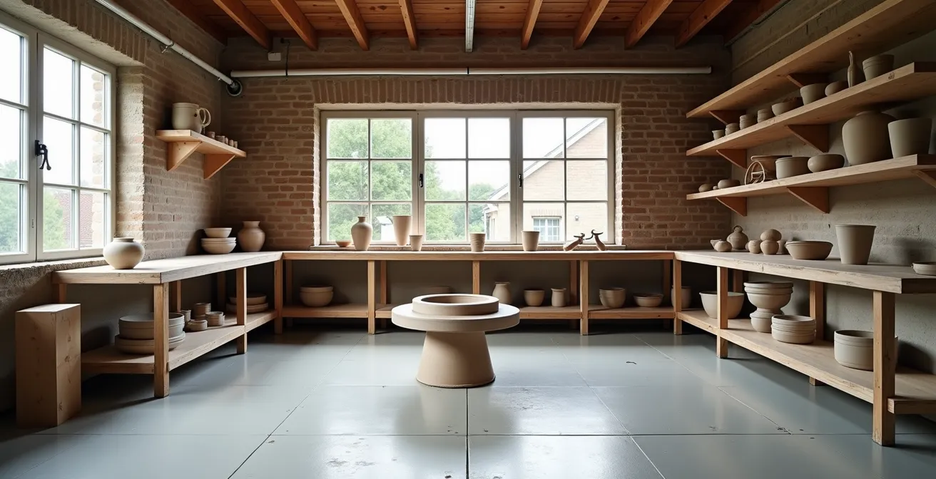 Een omgebouwde garage tot keramiekatelier met draaischijf en natuurlijk licht