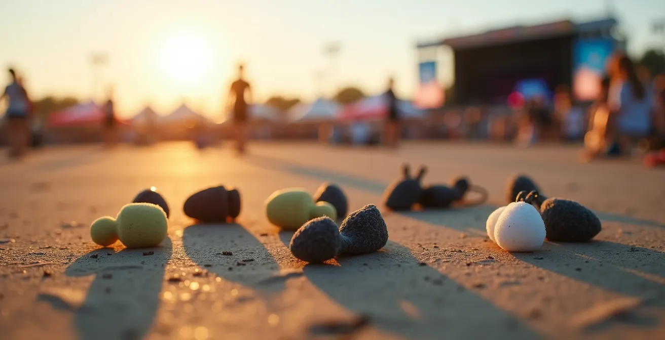 Minimalistische compositie van verschillende soorten oordoppen op festivalterrein