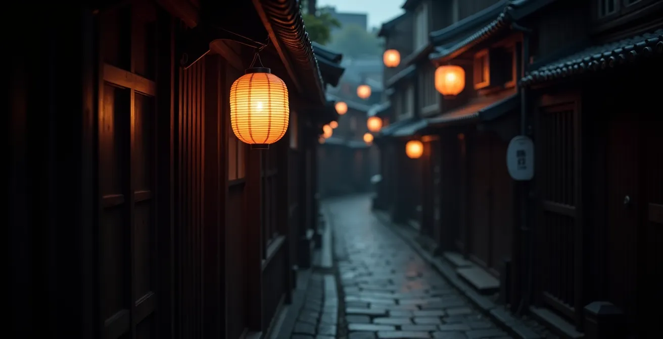 Smalle steeg in Gion met traditionele lantaarns en discrete waarschuwingsborden