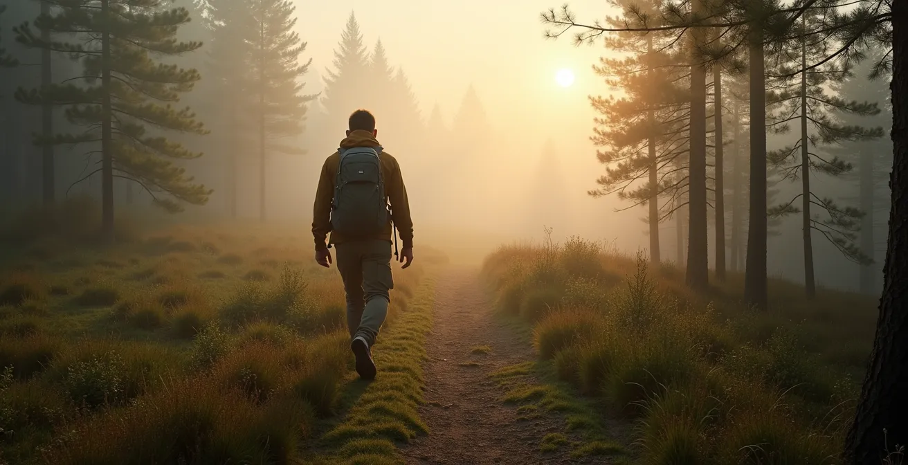 Wandelaar op bospad in de Hoge Venen tijdens mistige ochtend