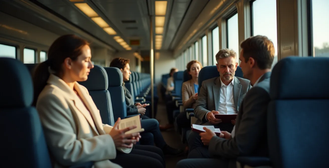 Interieur van Japanse trein met passagiers in stilte