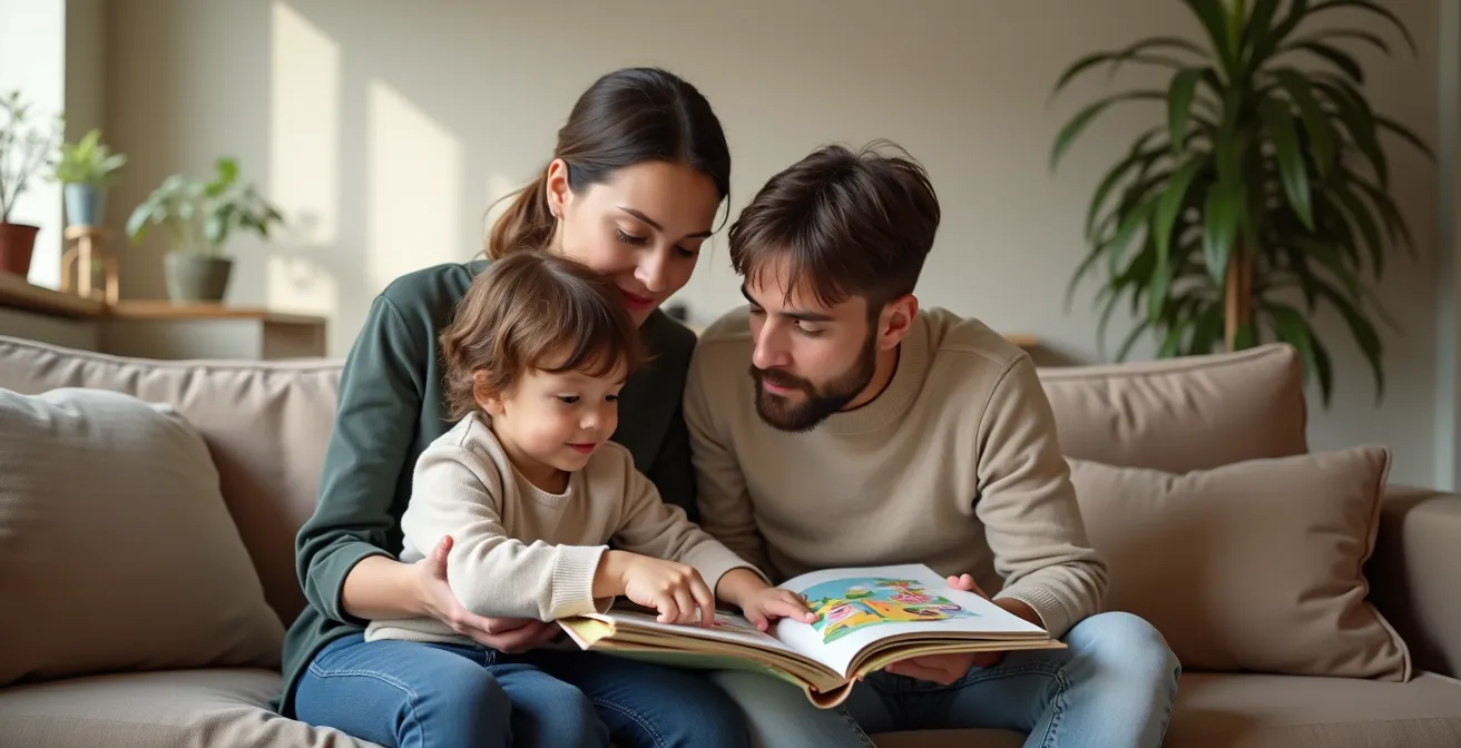Kind bekijkt nieuwsgierig museumboek met ouder op gezellige bank