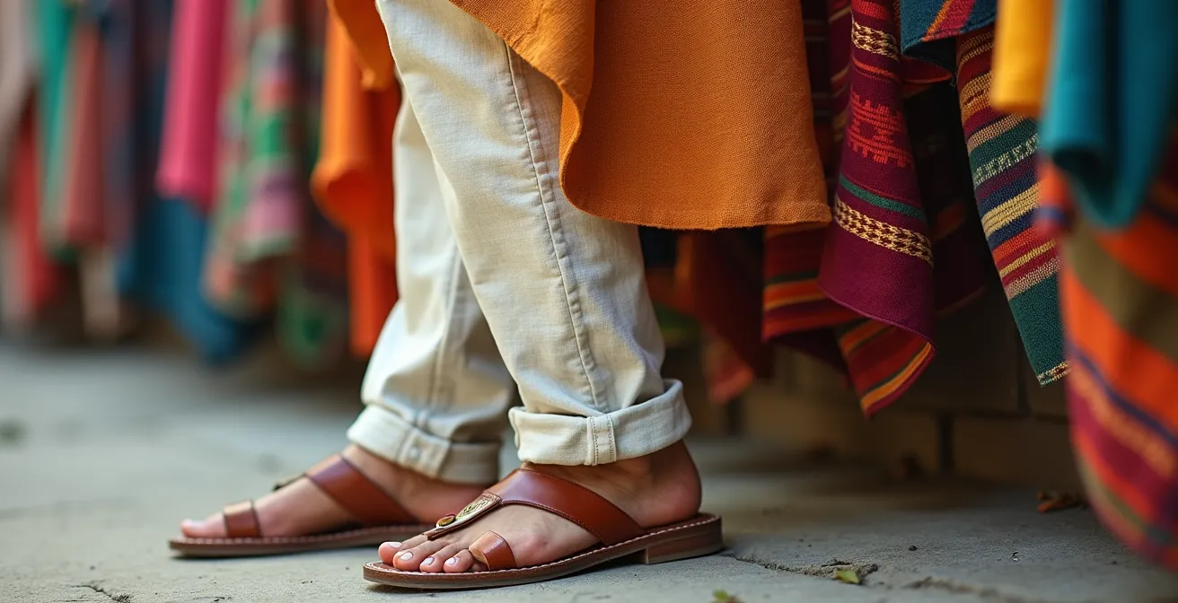 Vrouwelijke reiziger in gepaste kleding op traditionele Zuid-Amerikaanse markt