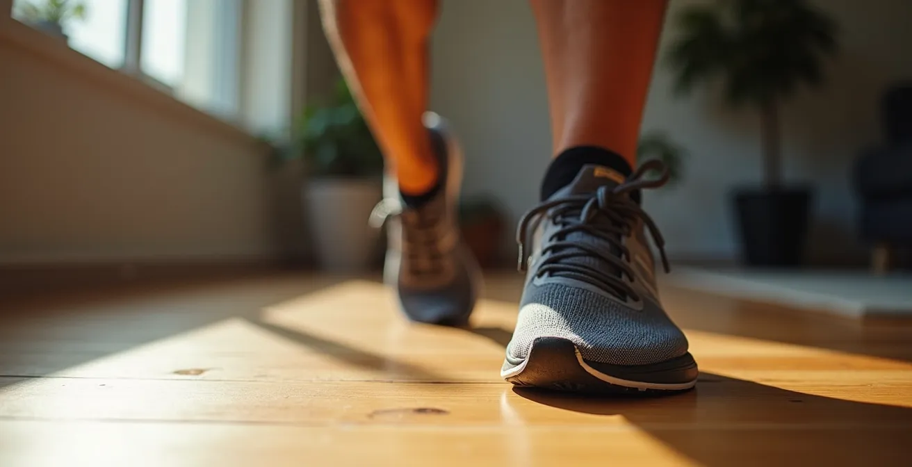 Loper doet specifieke versterkingsoefeningen voor scheenbenen in huiskamer