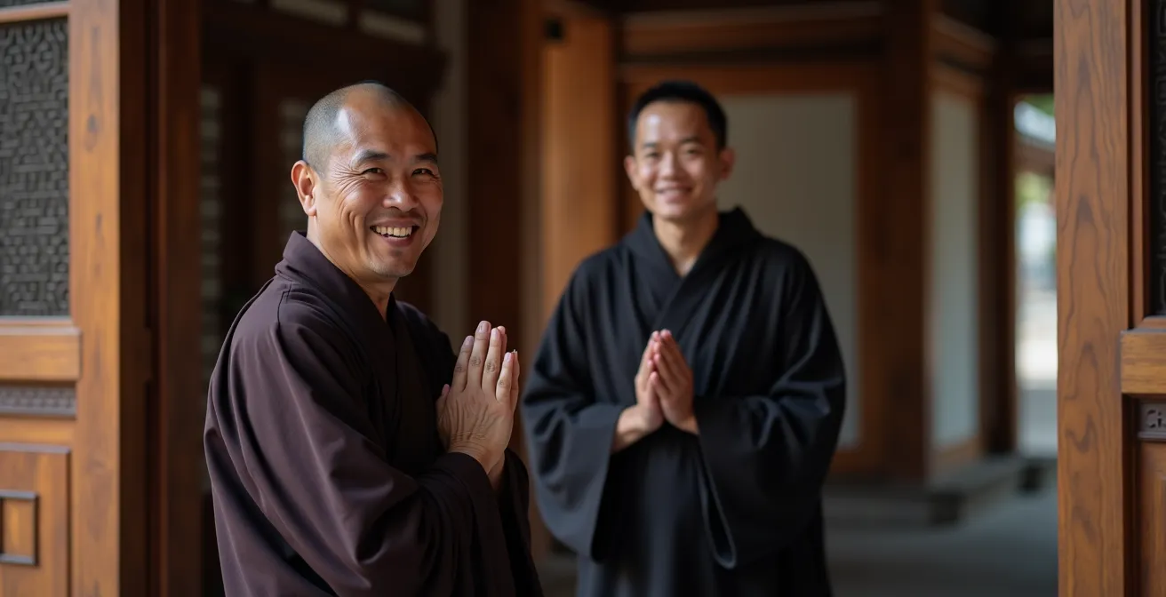 Monnik verwelkomt gasten bij de ingang van een traditionele Japanse tempel