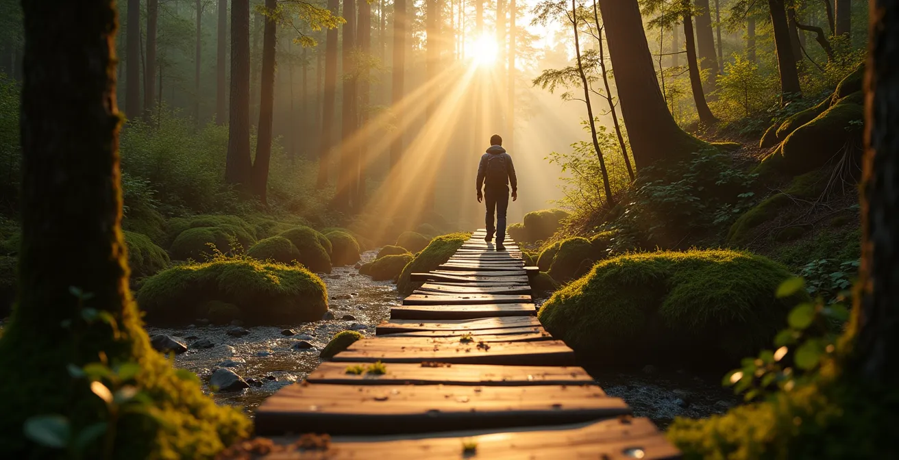 Smal bospad langs kabbelend beekje met houten bruggetje in ochtendmist