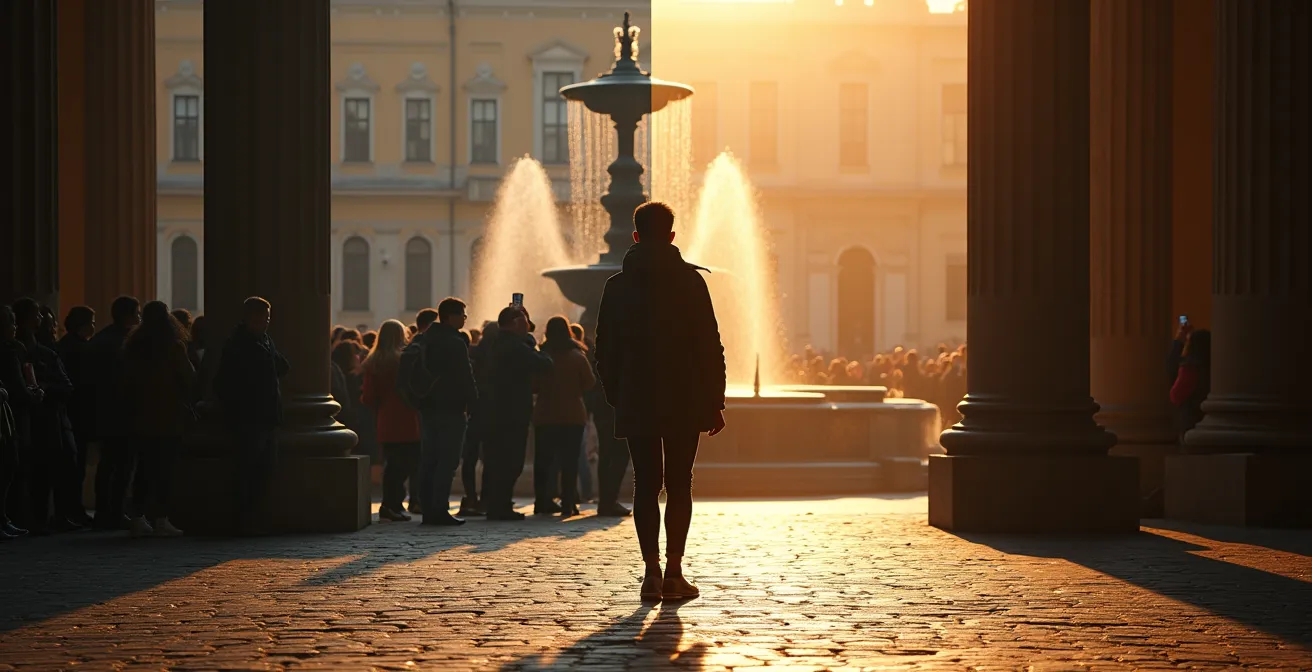 Vroege ochtend bij een monumentale Romeinse fontein met één bezoeker