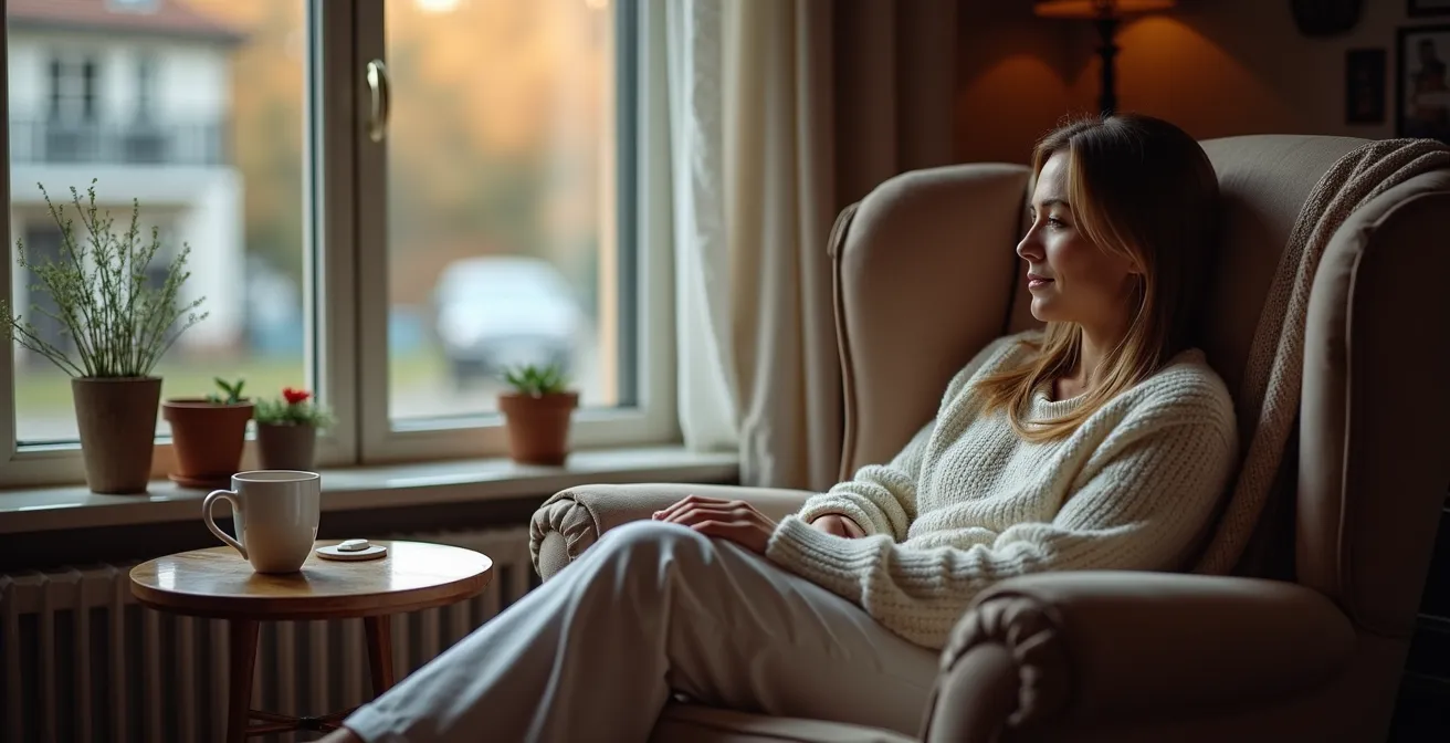 Vrouw neemt rustig tijd voor zichzelf met boek en thee thuis