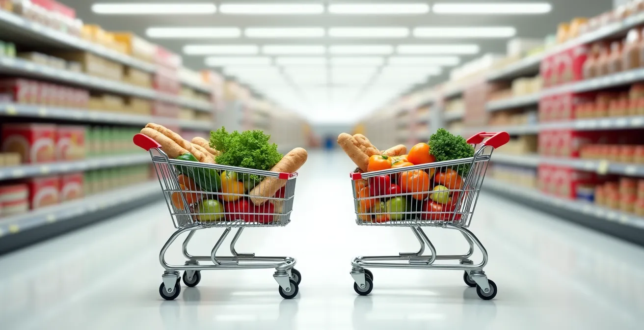 Twee winkelkarretjes naast elkaar met identieke producten maar verschillende prijskaartjes