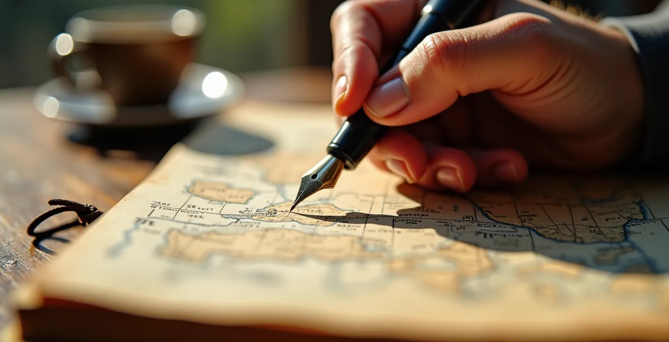 Reiziger schrijft in dagboek tijdens rustmoment op reis