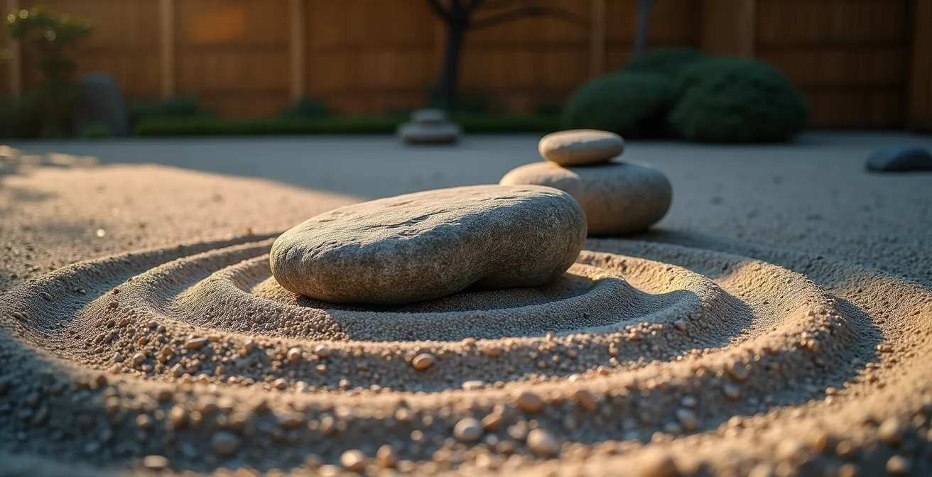 Symbolische opstelling van rotsen en grindpatronen in zen-tuin