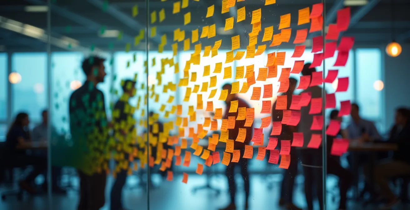 Diverse groep professionals in brainstormsessie met post-its op glaswand in moderne Vlaamse kantoorruimte