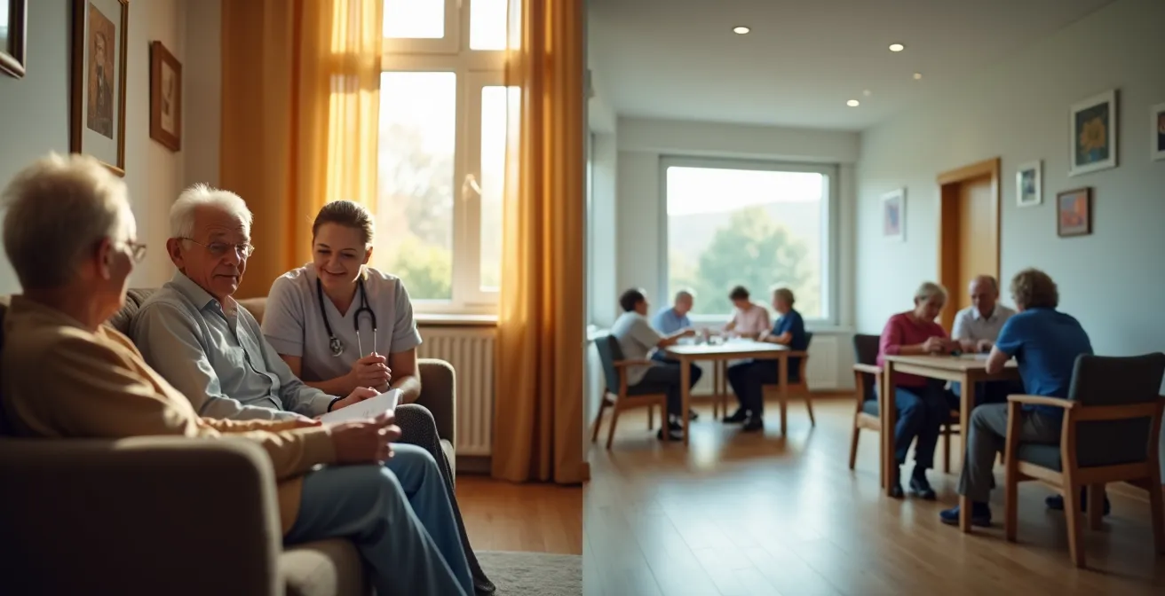 Splitscreen foto van thuiszorg links en woonzorgcentrum rechts