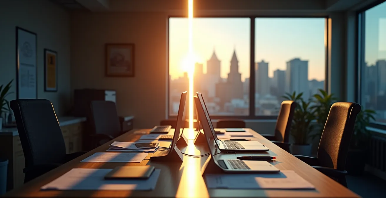 Moderne werkruimte met meerdere schermen die abstracte datavisualisaties tonen