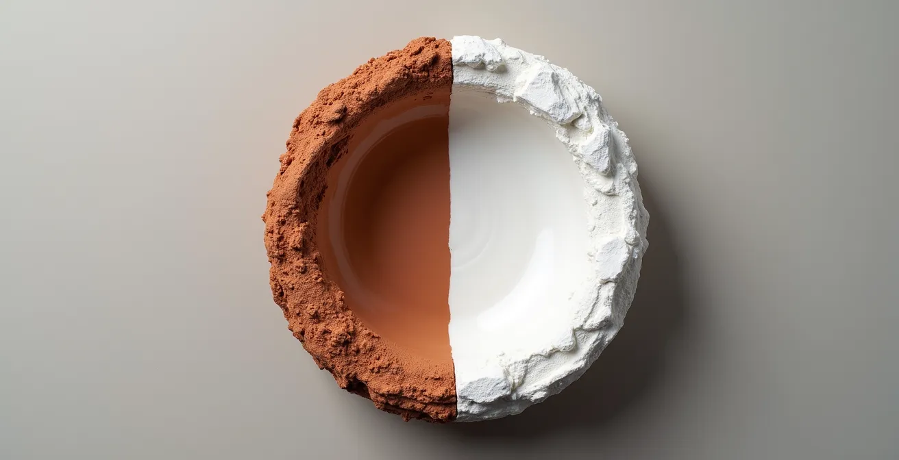 Twee kleisoorten naast elkaar met verschillende texturen en kleuren voor vergelijking