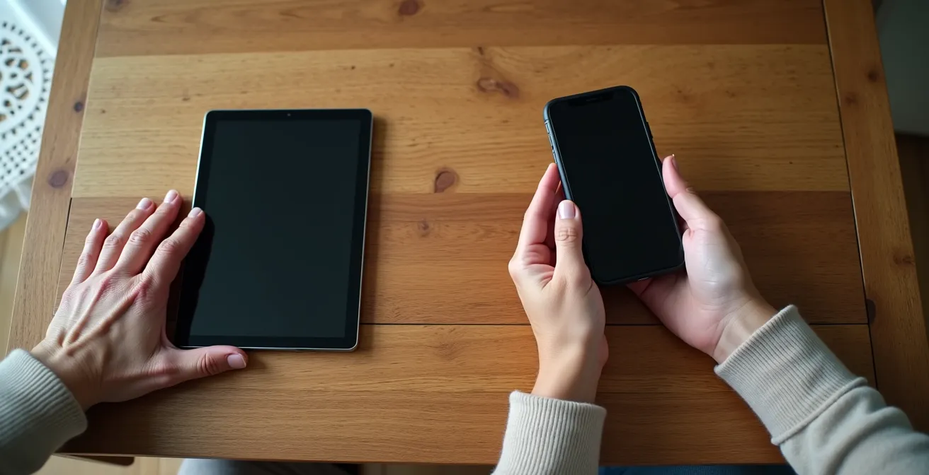 Twee paar handen houden respectievelijk een tablet en een seniorensmartphone vast op een houten tafel