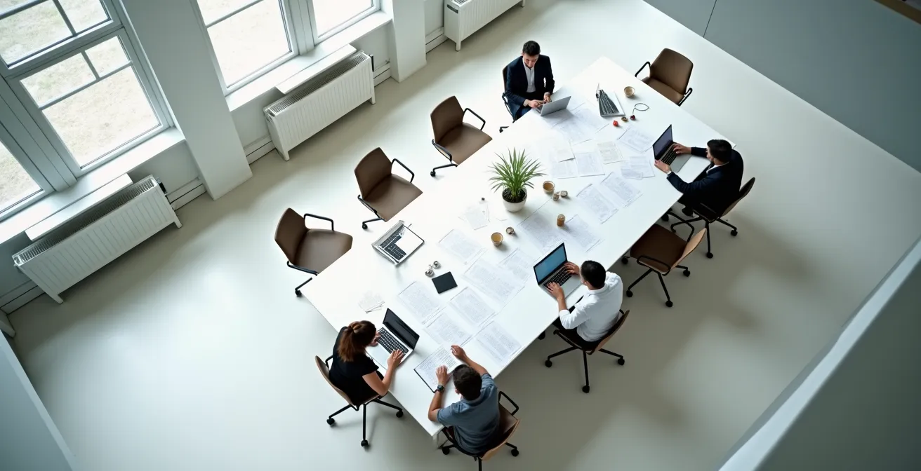 Ondernemers werken samen aan een VLAIO subsidiedossier met documenten en laptop op tafel