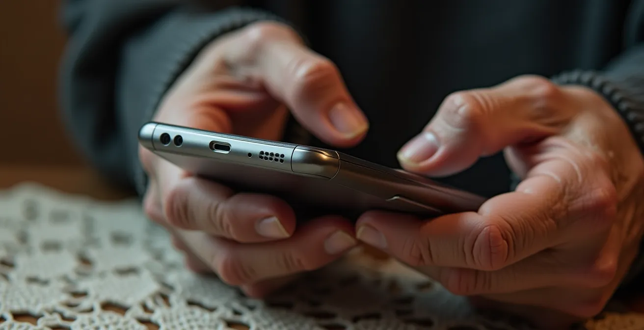 Close-up van een bezorgde oudere hand die een smartphone vasthoudt met onscherpe achtergrond