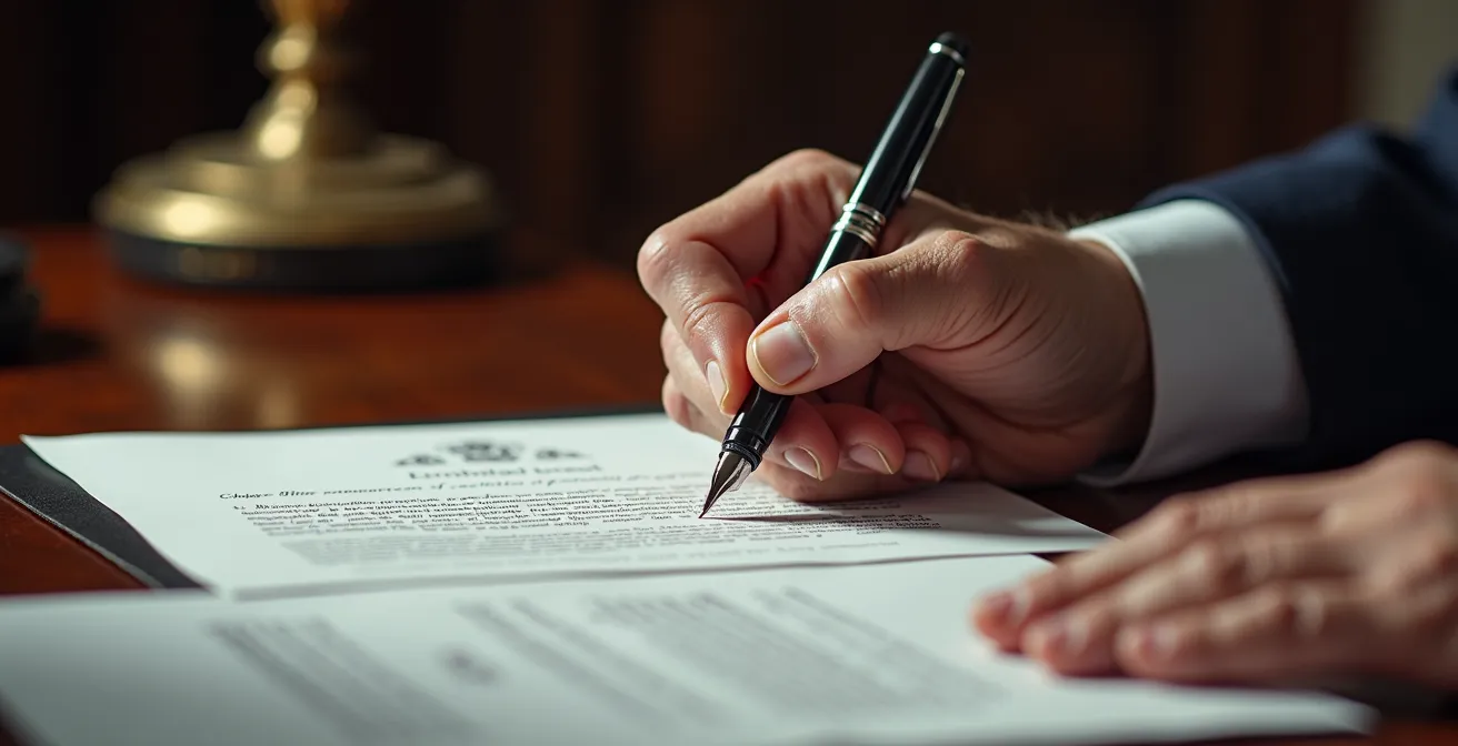 Close-up van handen die zorgvolmacht ondertekenen bij notaris