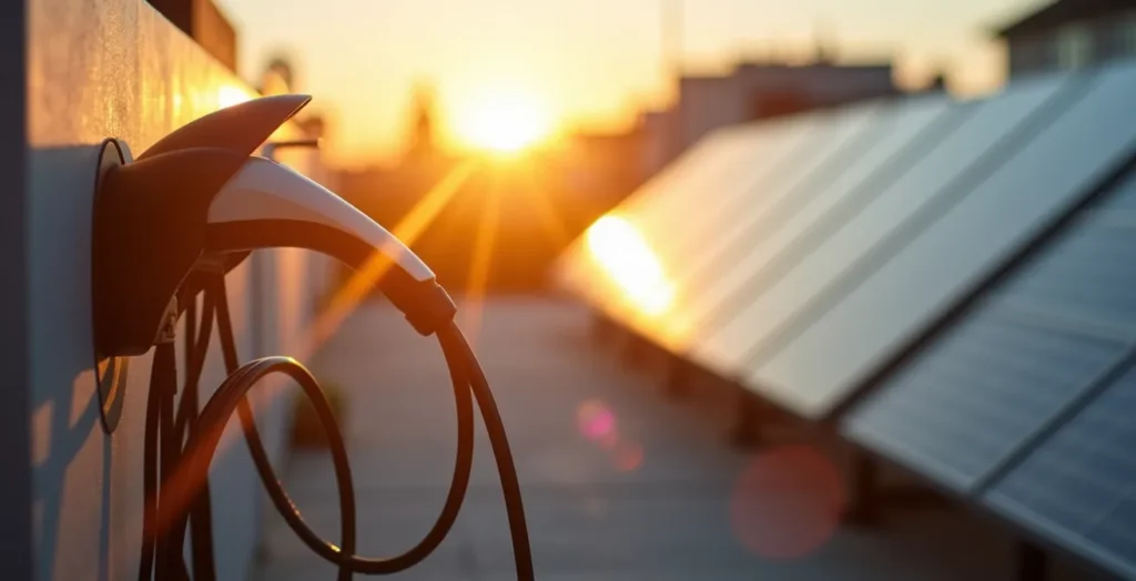 Moderne slimme laadpaal met energie monitoring systeem en zonnepanelen op achtergrond Moderne slimme laadpaal met energie monitoring systeem en zonnepanelen op achtergrond