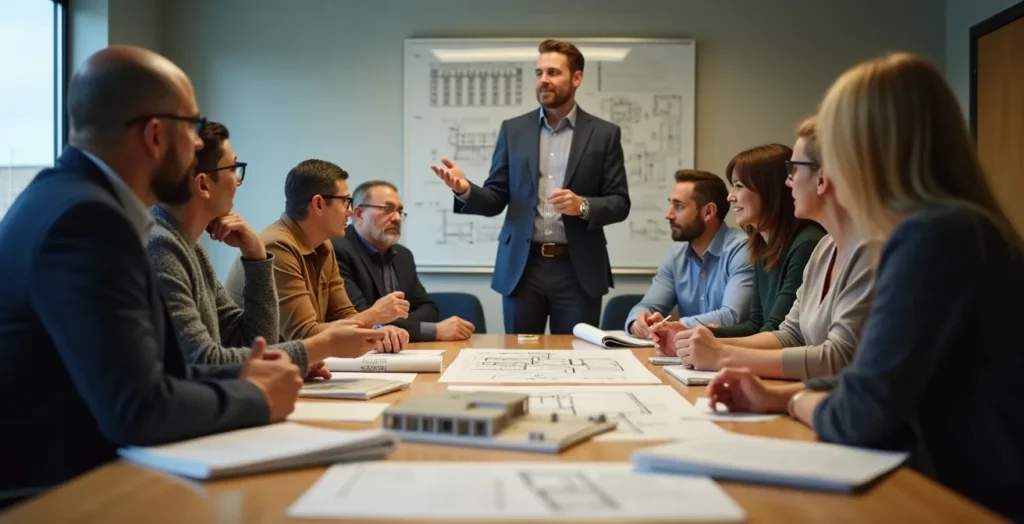 Presentatie over laadpaal installatie tijdens VME vergadering met diverse appartementbewoners Presentatie over laadpaal installatie tijdens VME vergadering met diverse appartementbewoners